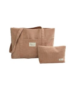 beige schoudertas met toilettas