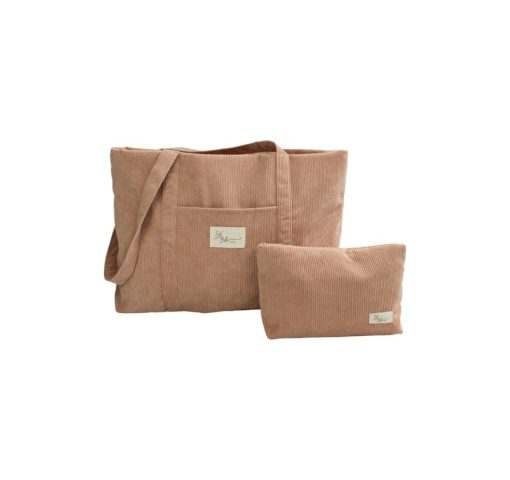 beige schoudertas met toilettas